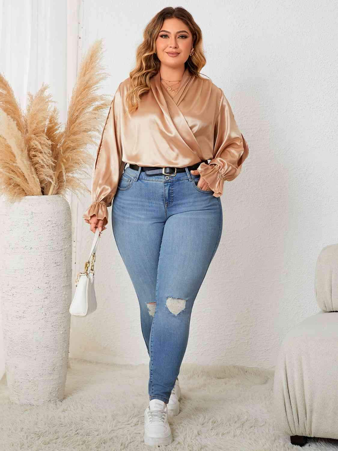 Plus Size Surplice Neck Flounce Sleeve Blouse Blouses - Tophatter Daily Deals