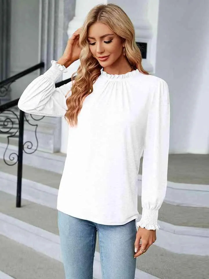Round Neck Flounce Sleeve Blouse Blouses - Tophatter Daily Deals