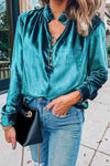 Notched Neck Buttoned Long Sleeve Velvet Blouse Turquoise Blouses - Tophatter Daily Deals