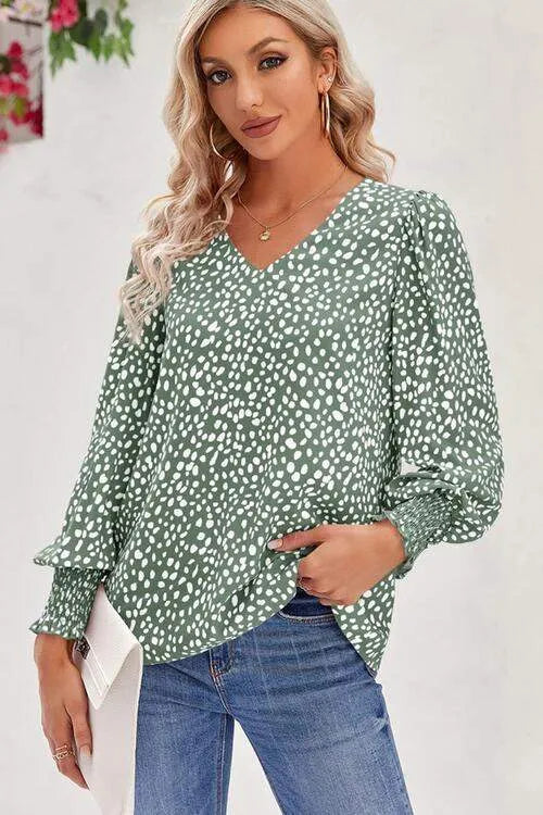 Printed V-Neck Smocked Lantern Sleeve Blouse Sage Blouses - Tophatter Daily Deals