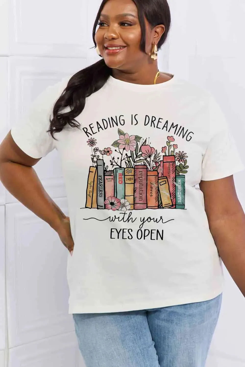 Simply Love Simply Love Full Size READING IS DREAMING WITH YOUR EYES OPEN Graphic Cotton Tee Women's T-Shirts - Tophatter Daily Deals