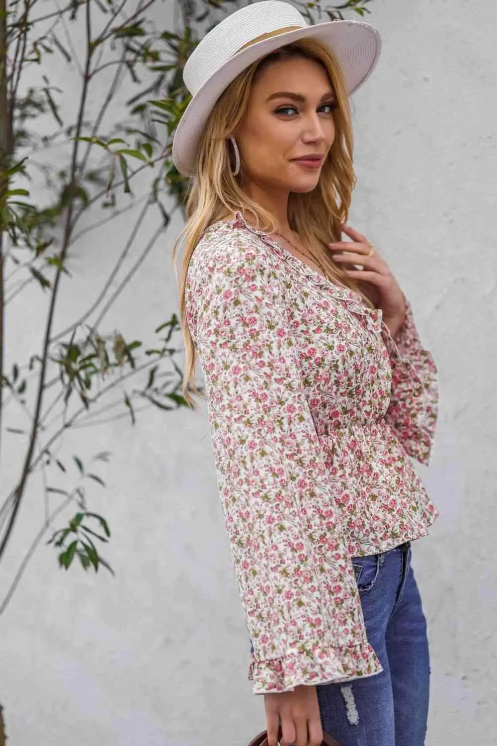 Floral Ruffled V-Neck Peplum Blouse Blouses - Tophatter Daily Deals