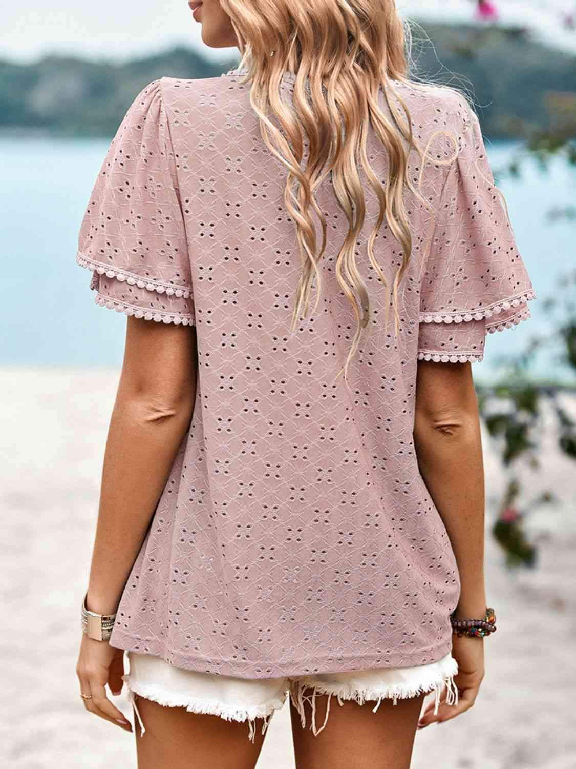 Eyelet Round Neck Puff Sleeve Blouse Blouses - Tophatter Daily Deals