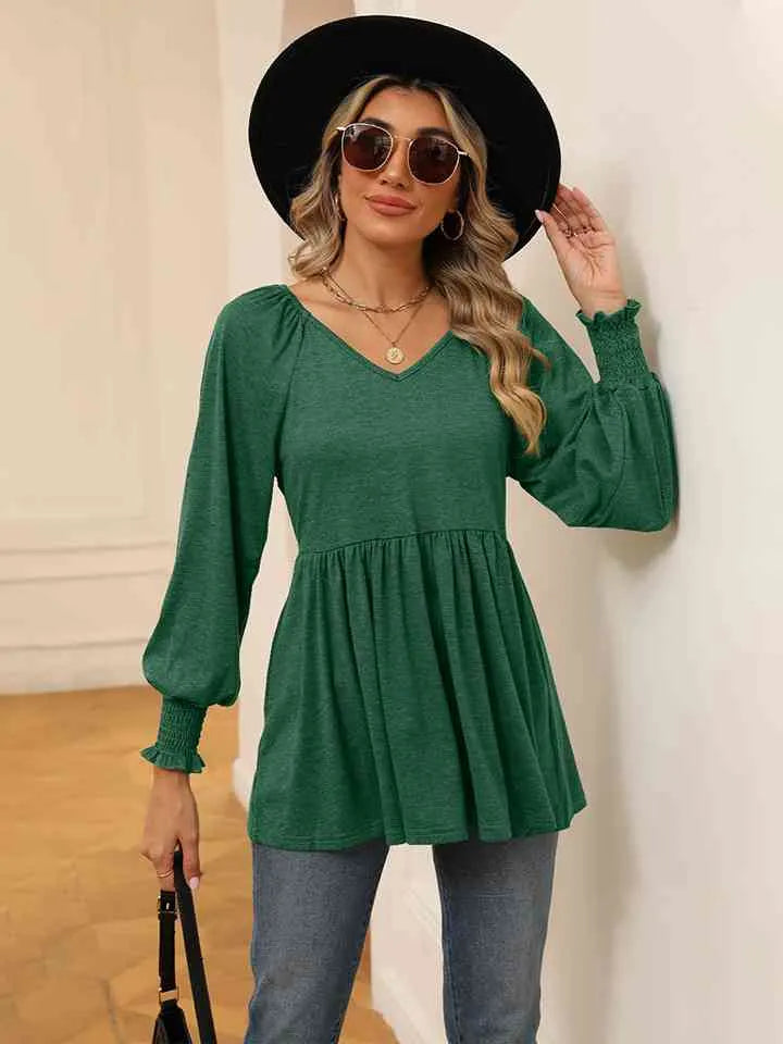 V-Neck Lantern Sleeve Blouse Mid Green Blouses - Tophatter Daily Deals