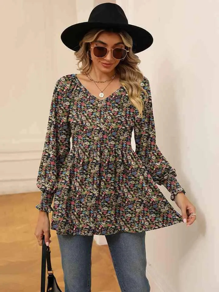 Printed V-Neck Lantern Sleeve Blouse Blouses - Tophatter Daily Deals