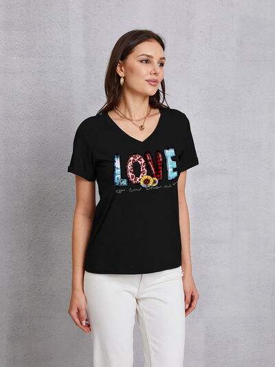 Letter Graphic V-Neck Short Sleeve T-Shirt Black Women's T-Shirts - Tophatter Daily Deals