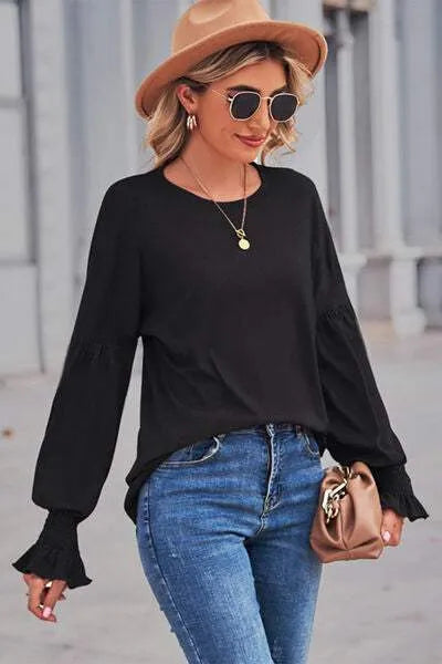 Round Neck Flounce Sleeve Blouse Blouses - Tophatter Daily Deals