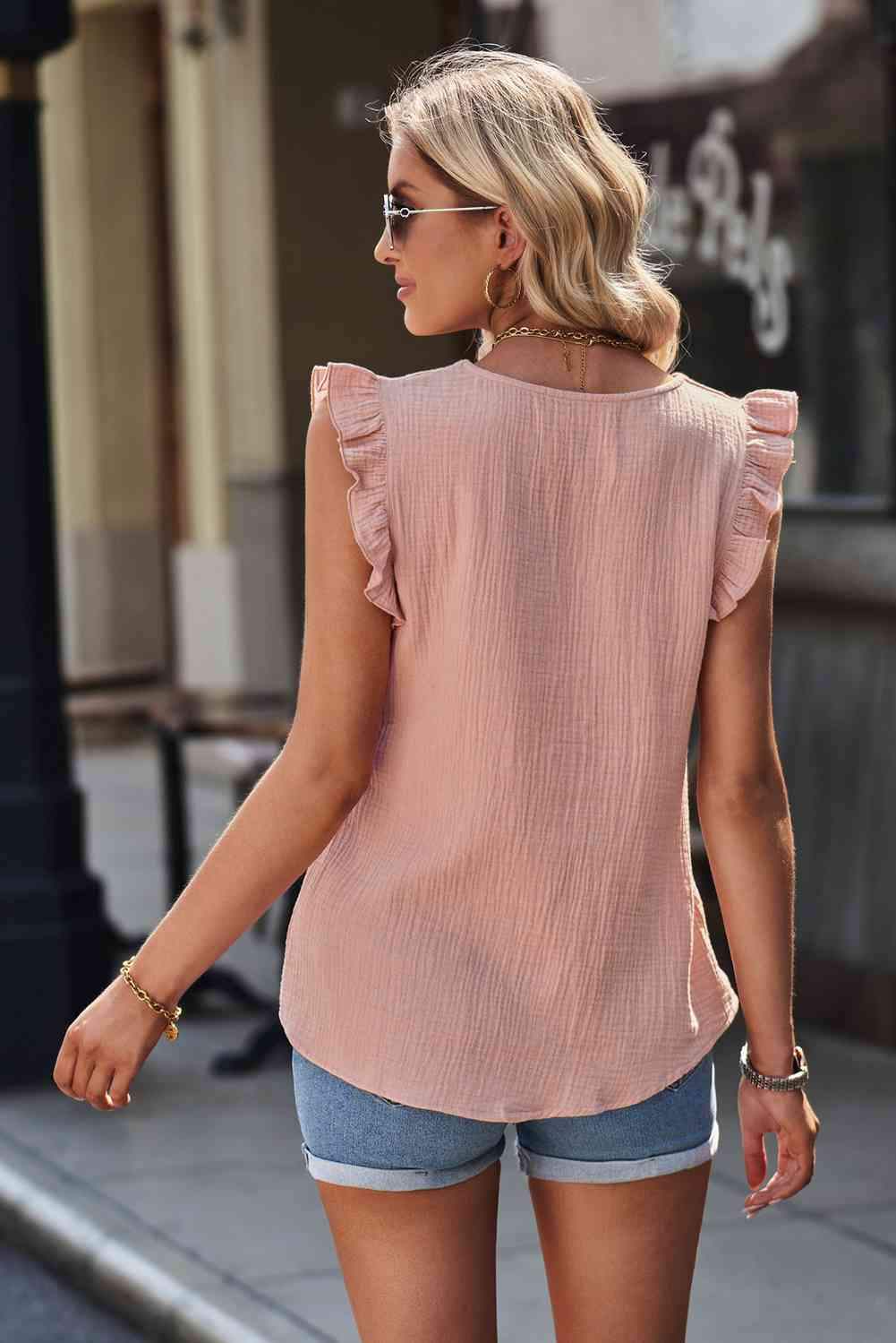 Ruffle Shoulder V-Neck Top Blouses - Tophatter Daily Deals