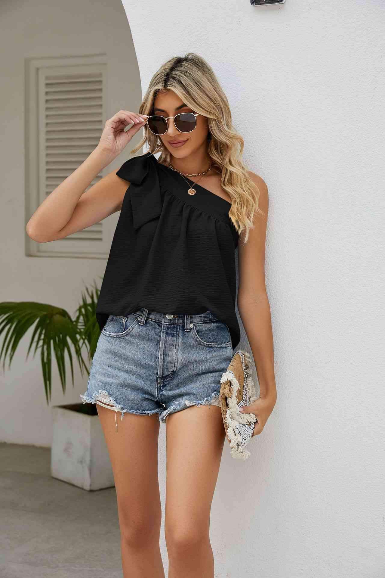 Tied One-Shoulder Sleeveless Top Blouses - Tophatter Daily Deals