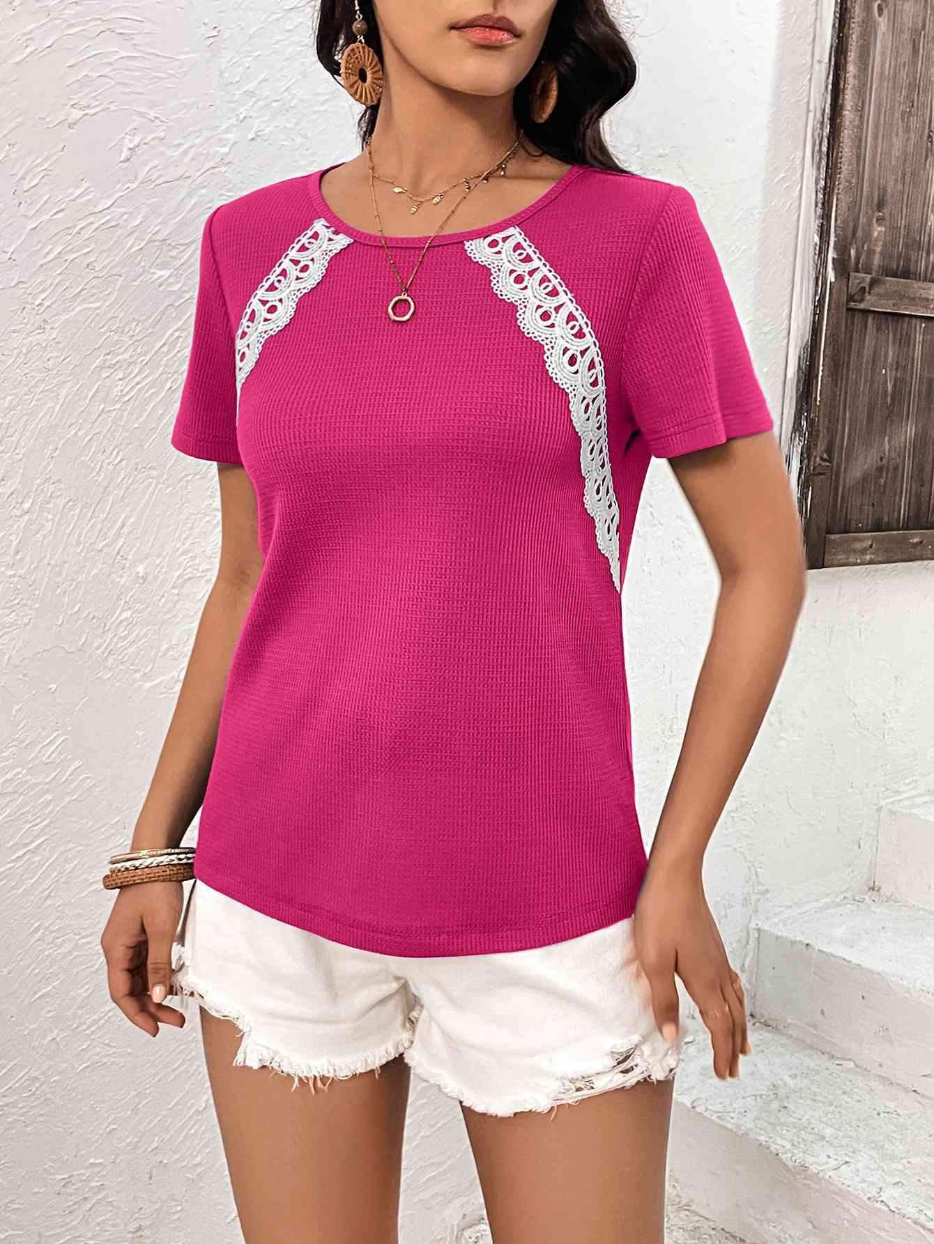 Lace Trim Contrast Waffle-Knit Top Hot Pink Blouses - Tophatter Daily Deals