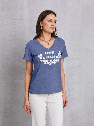 COFFEE BEANS V-Neck Short Sleeve T-Shirt Dusty Blue Women's T-Shirts - Tophatter Daily Deals