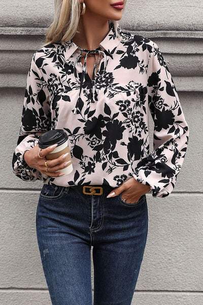 Printed Tie Neck Balloon Sleeve Blouse Blouses - Tophatter Daily Deals