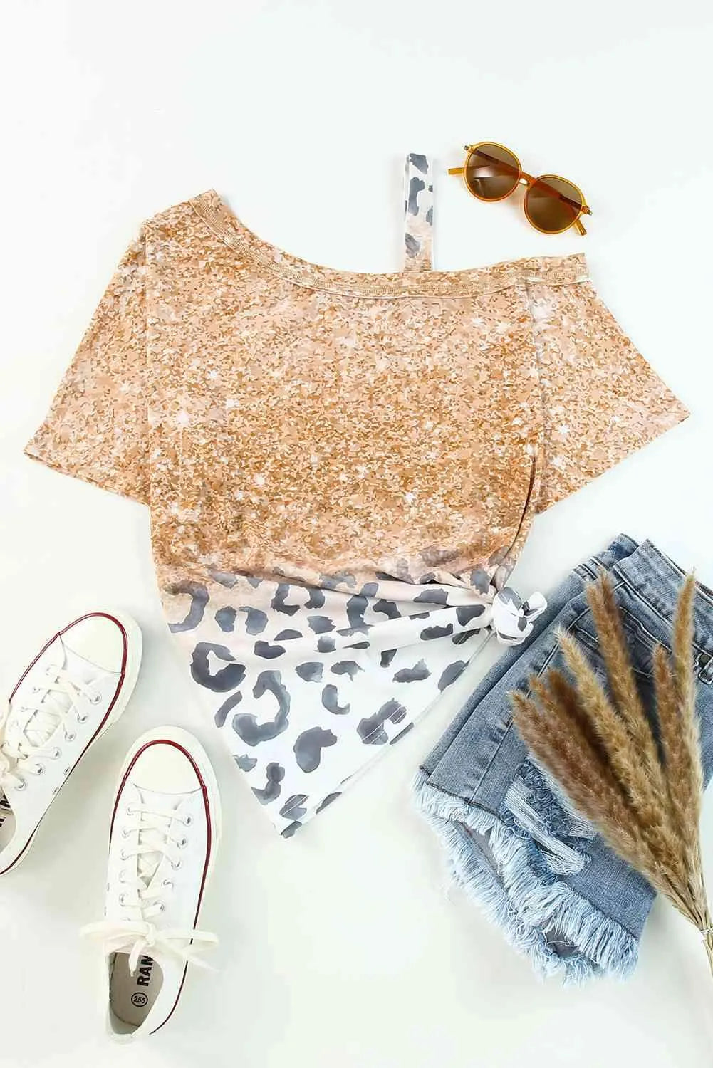 Leopard Asymmetrical Neck Cold-Shoulder Blouse Blouses - Tophatter Daily Deals