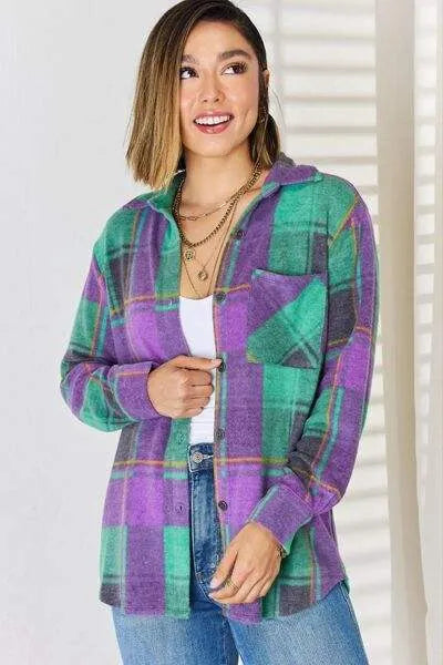 Zenana Plaid Button Up Long Sleeve Shacket Green Purple Blouses - Tophatter Daily Deals