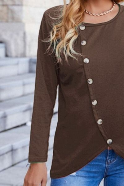 Decorative Button Round Neck Long Sleeve T-Shirt Women's T-Shirts - Tophatter Daily Deals