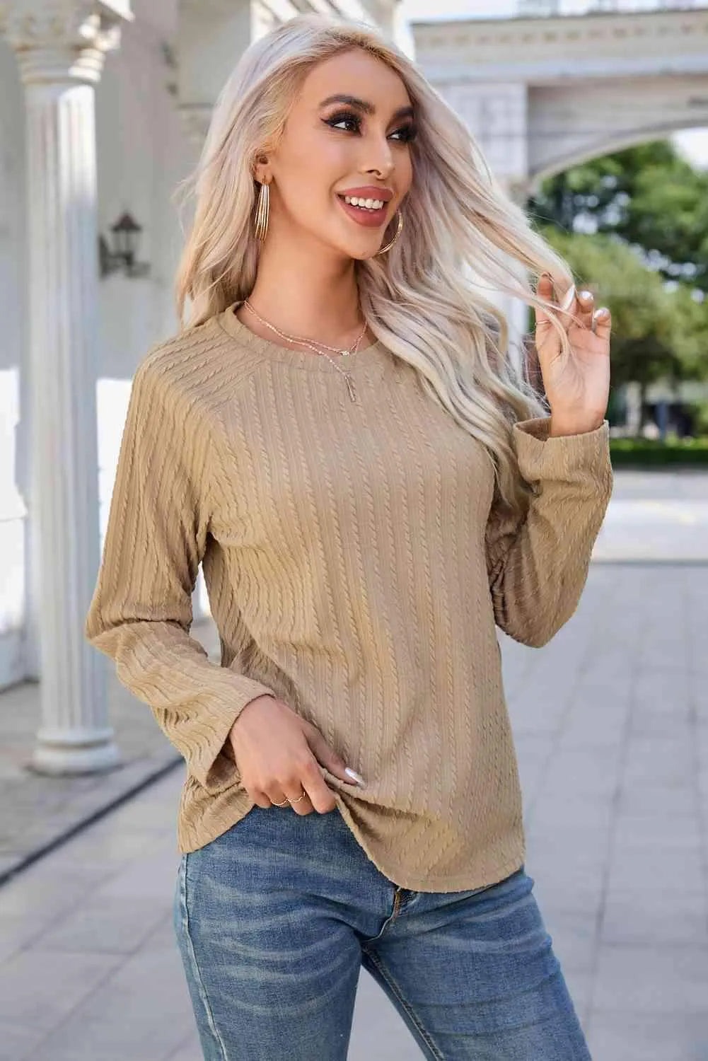 Round Neck Raglan Sleeve Ribbed Blouse Blouses - Tophatter Daily Deals