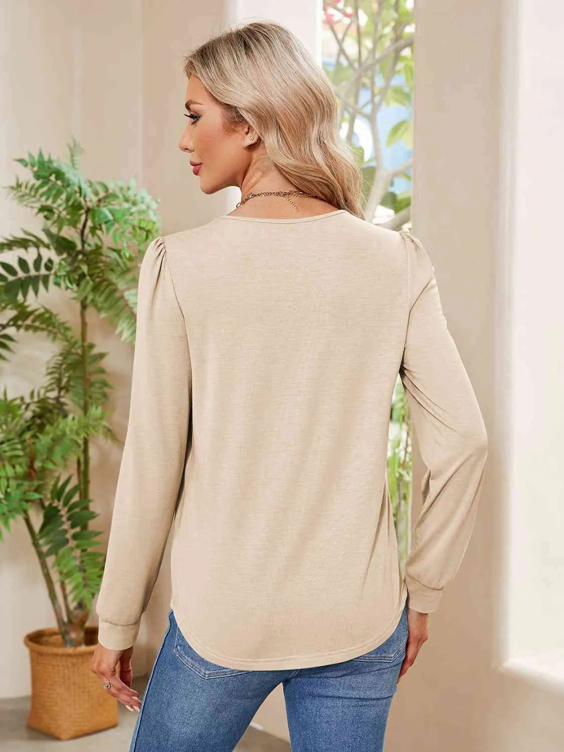 Ruched Round Neck Long Sleeve Blouse Blouses - Tophatter Daily Deals