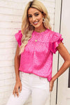 Leopard Flutter Sleeve Frill Neck Blouse Hot Pink Blouses - Tophatter Daily Deals