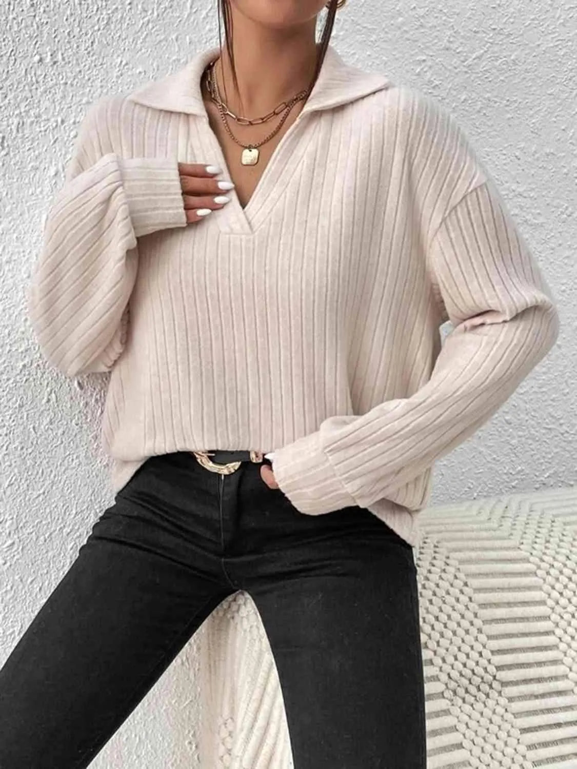 Johnny Collar Ribbed Top Cream Blouses - Tophatter Daily Deals