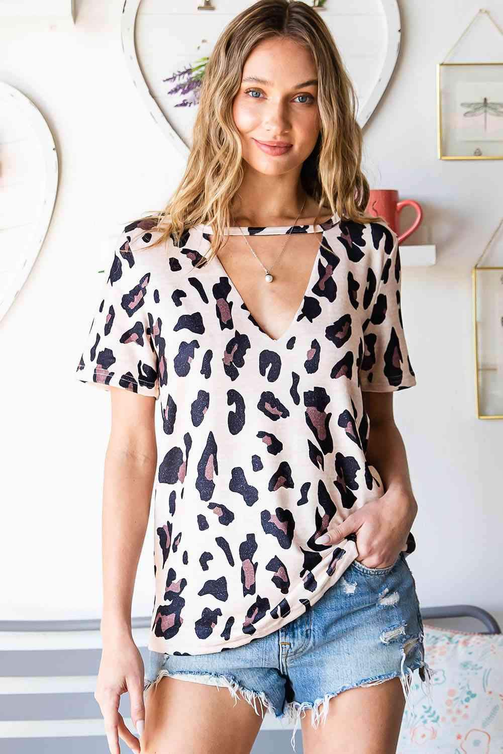 Leopard Cutout Short Sleeve Top Blouses - Tophatter Daily Deals