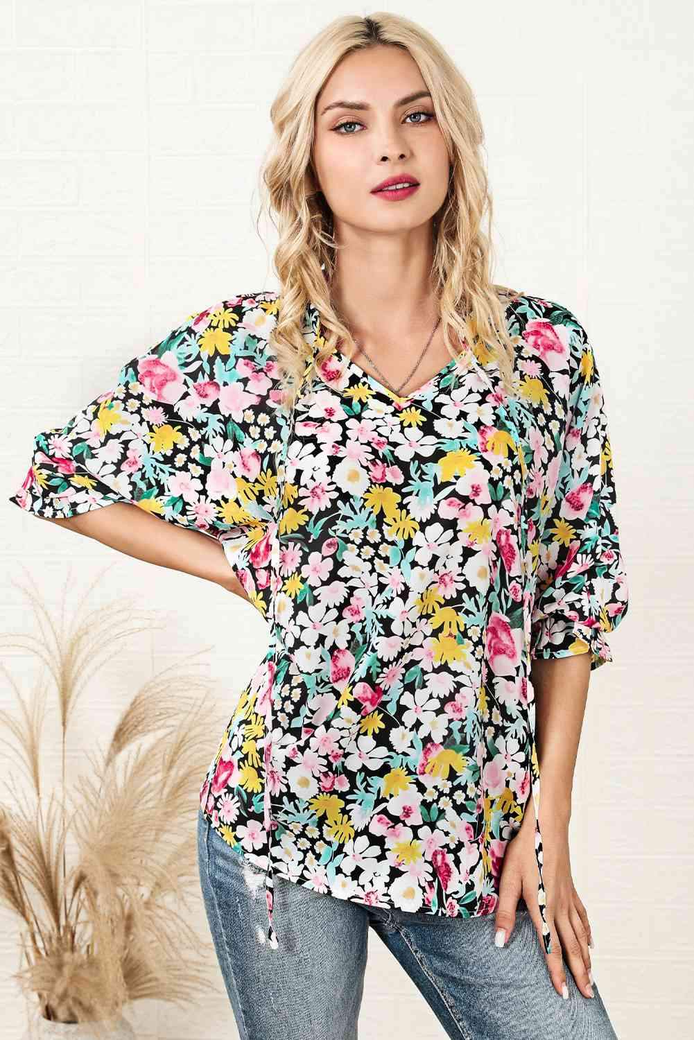 Floral Tie Neck Blouse Blouses - Tophatter Daily Deals