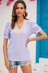 Eyelet V-Neck Short Sleeve T-Shirt Women's T-Shirts - Tophatter Daily Deals