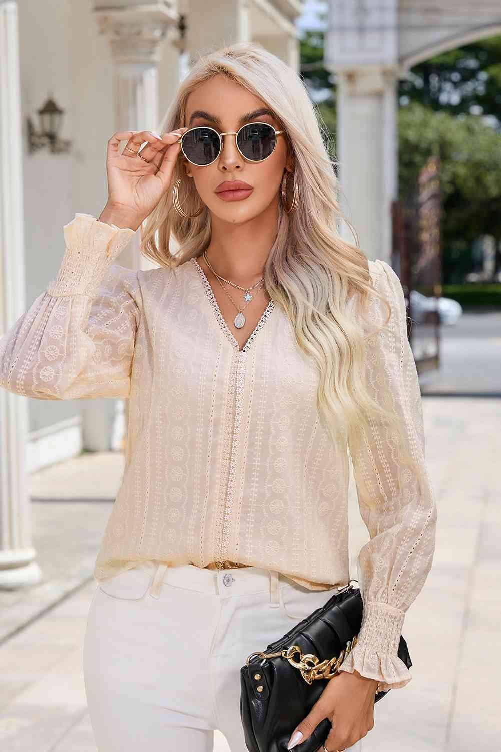 V-Neck Smocked Flounce Sleeve Blouse Blouses - Tophatter Daily Deals