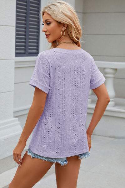 Eyelet V-Neck Short Sleeve T-Shirt Women's T-Shirts - Tophatter Daily Deals