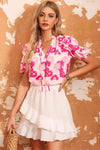 Floral Tie Neck Ruffle Shoulder Blouse Hot Pink Blouses - Tophatter Daily Deals