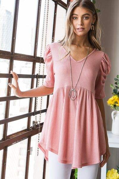 Heimish Full Size Waffle Knit V-Neck Babydoll Top ROSE Blouses - Tophatter Daily Deals