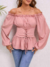 Lace-Up Balloon Sleeve Off-Shoulder Blouse Blush Pink Blouses - Tophatter Daily Deals