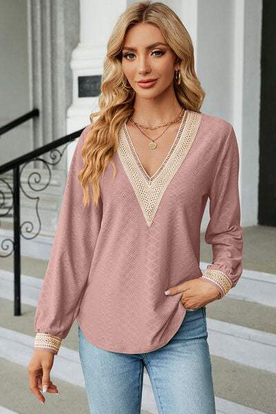 V-Neck Long Sleeve T-Shirt Light Mauve Women's T-Shirts - Tophatter Daily Deals