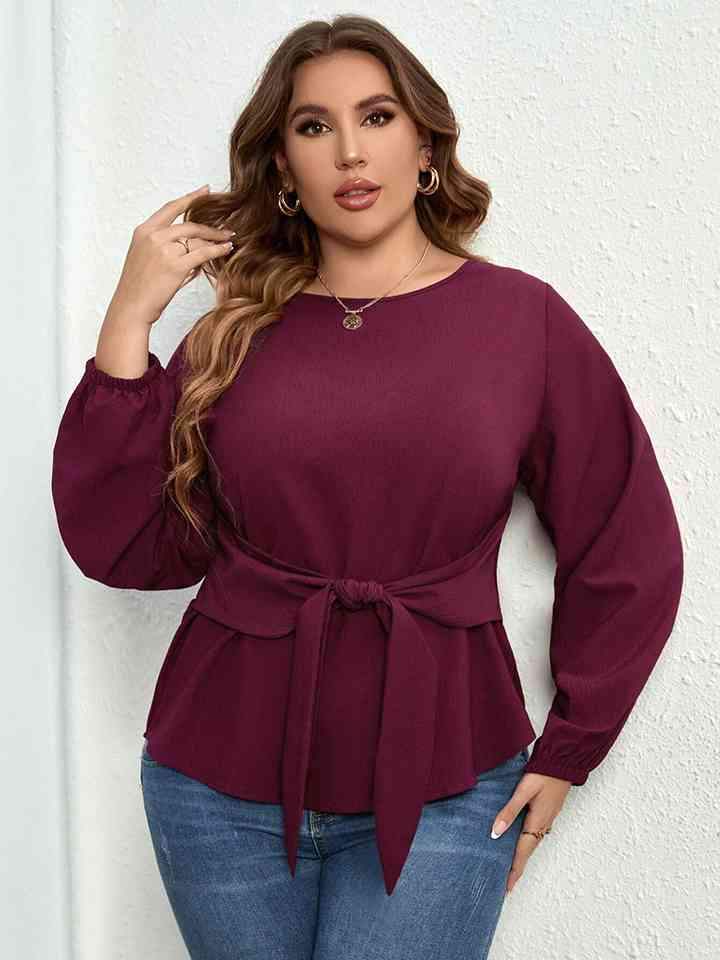 Plus Size Round Neck Tie Waist Long Sleeve Blouse Magenta Blouses - Tophatter Daily Deals