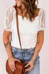 Smocked Spliced Lace Frill Trim Top White Blouses - Tophatter Daily Deals