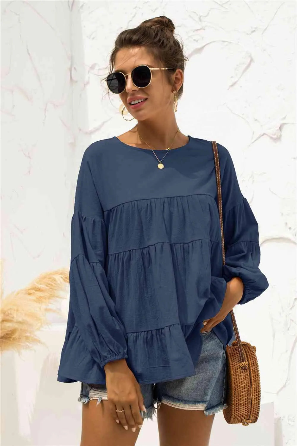 Round Neck Bubble Sleeve Tiered Blouse Blouses - Tophatter Daily Deals