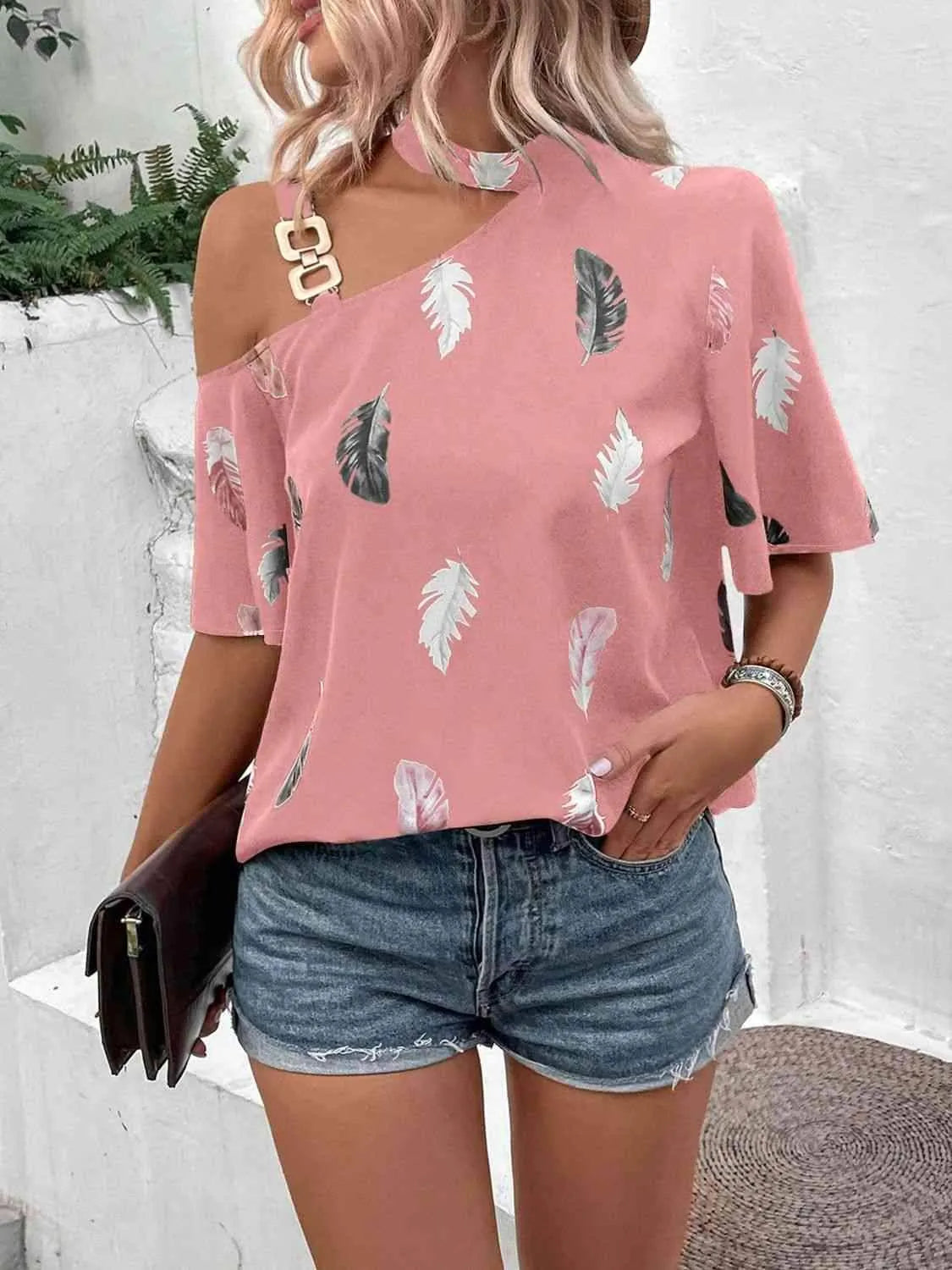 Asymmetrical One Shoulder Short Sleeve Printed Blouse Dusty Pink Blouses - Tophatter Daily Deals
