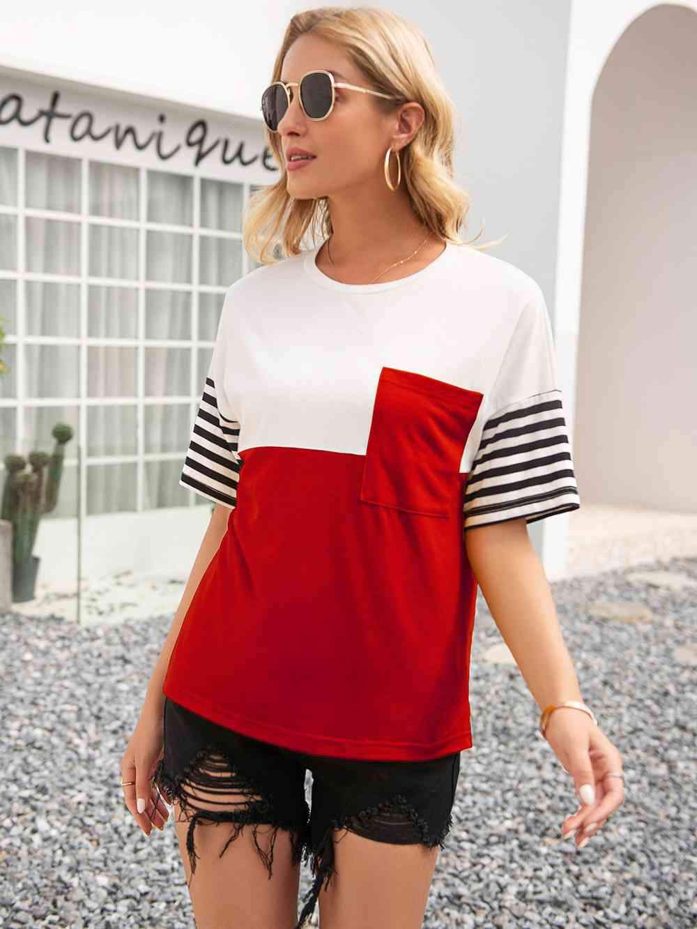 Striped Color Block Round Neck Tee Women's T-Shirts - Tophatter Daily Deals