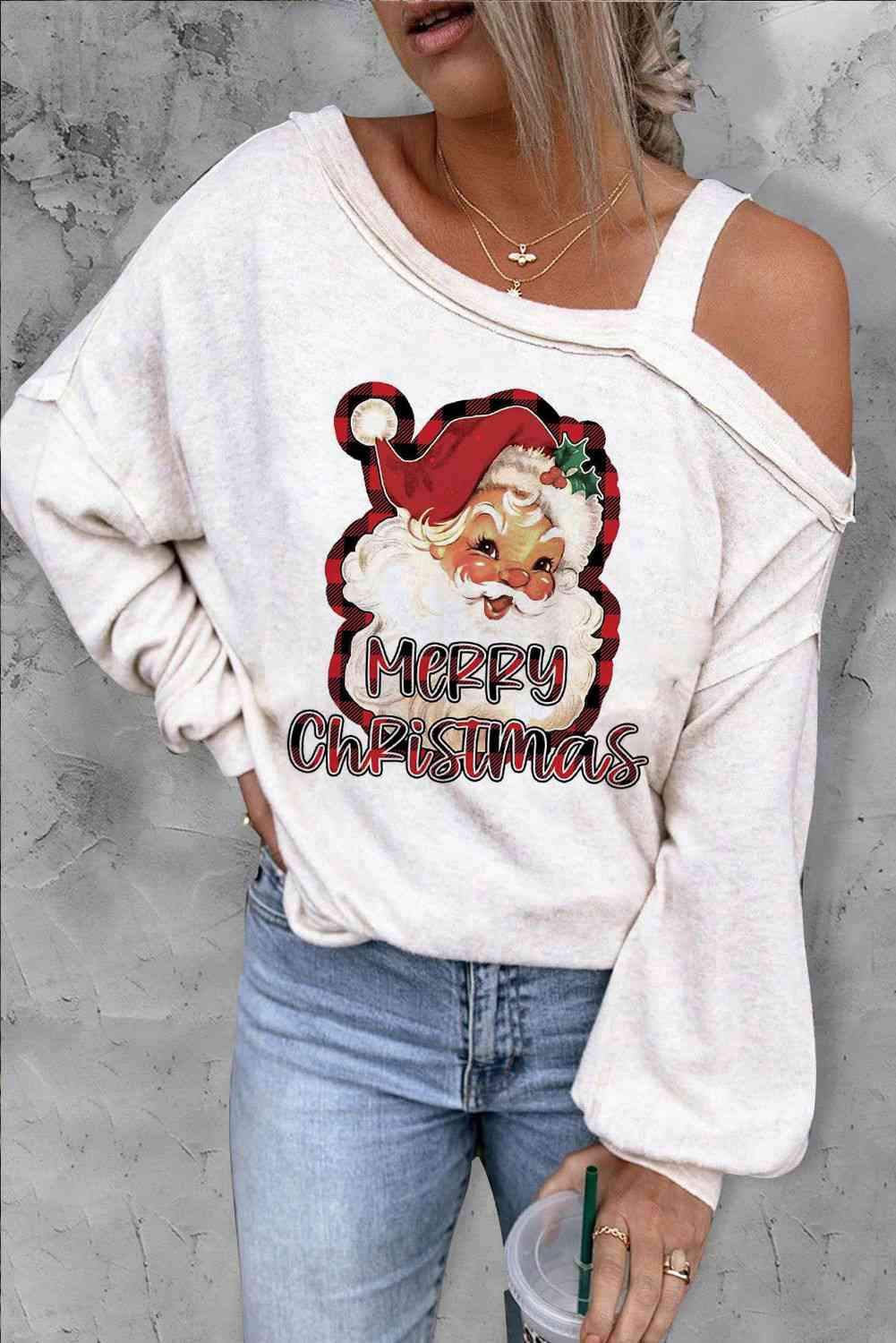 MERRY CHRISTMAS Graphic Asymmetrical Neck Top White Blouses - Tophatter Daily Deals