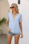 Contrast V-Neck Swiss Dot Top Blouses - Tophatter Daily Deals