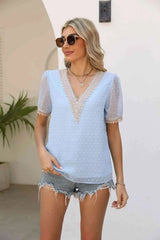 Contrast V-Neck Swiss Dot Top Blouses - Tophatter Daily Deals