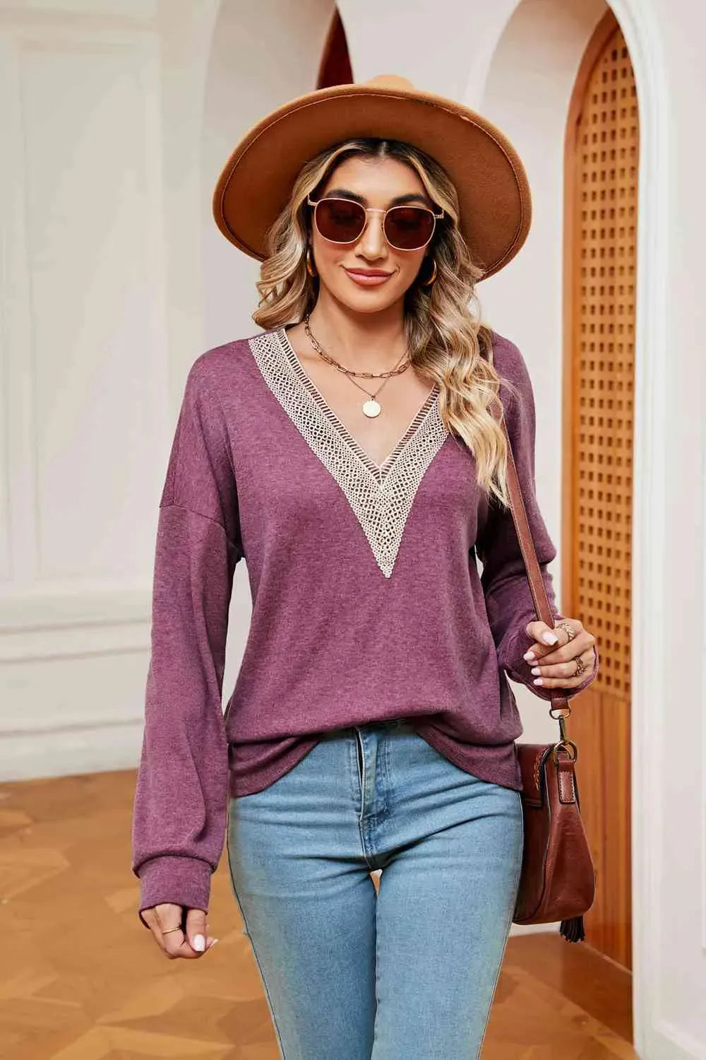 Contrast V-Neck Long Sleeve Blouse Lilac Blouses - Tophatter Daily Deals