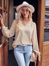 V-Neck Tie Cuff Puff Sleeve Blouse Beige Blouses - Tophatter Daily Deals