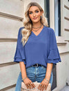 Layered Flare Sleeve Textured V-Neck Blouse Blouses - Tophatter Daily Deals