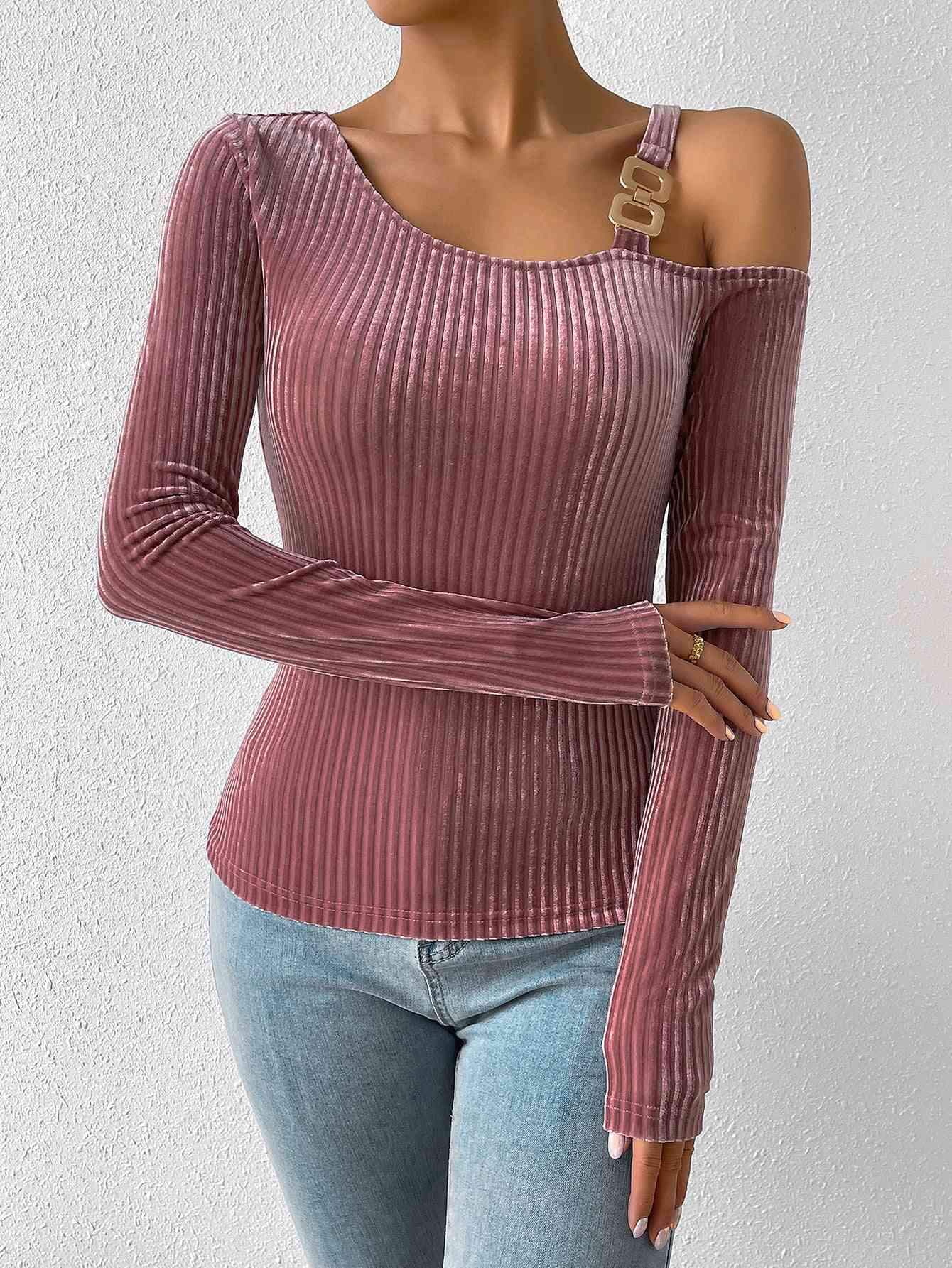 Ribbed Long Sleeve Asymmetrical Blouse Blouses - Tophatter Daily Deals