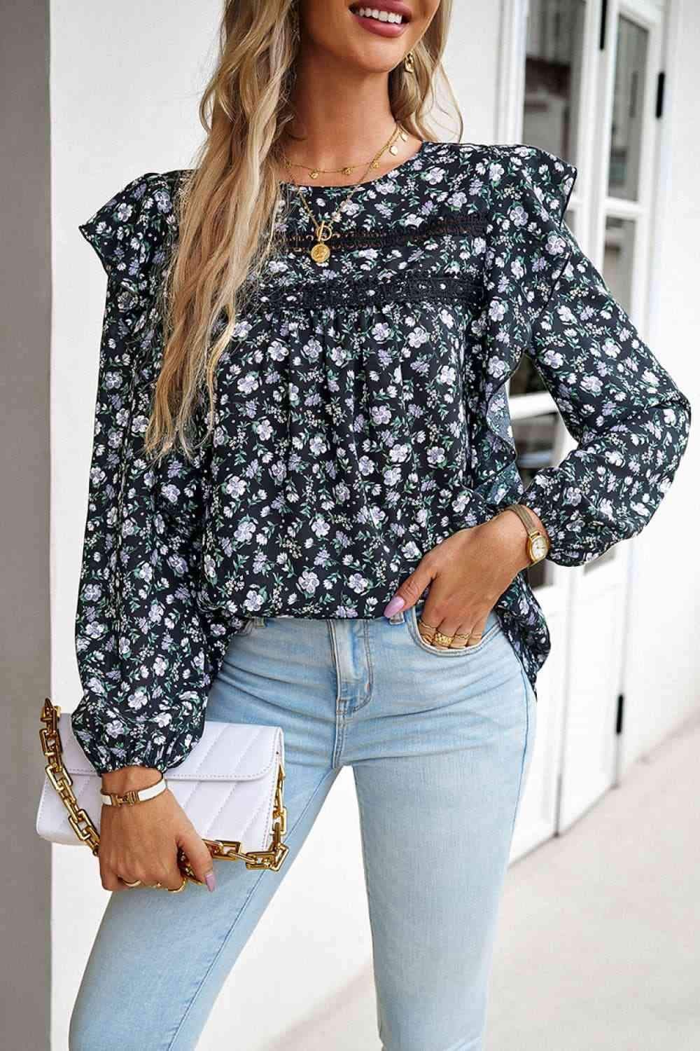 Printed Round Neck Long Sleeve Blouse Black Blouses - Tophatter Daily Deals