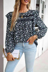 Printed Round Neck Long Sleeve Blouse Black Blouses - Tophatter Daily Deals