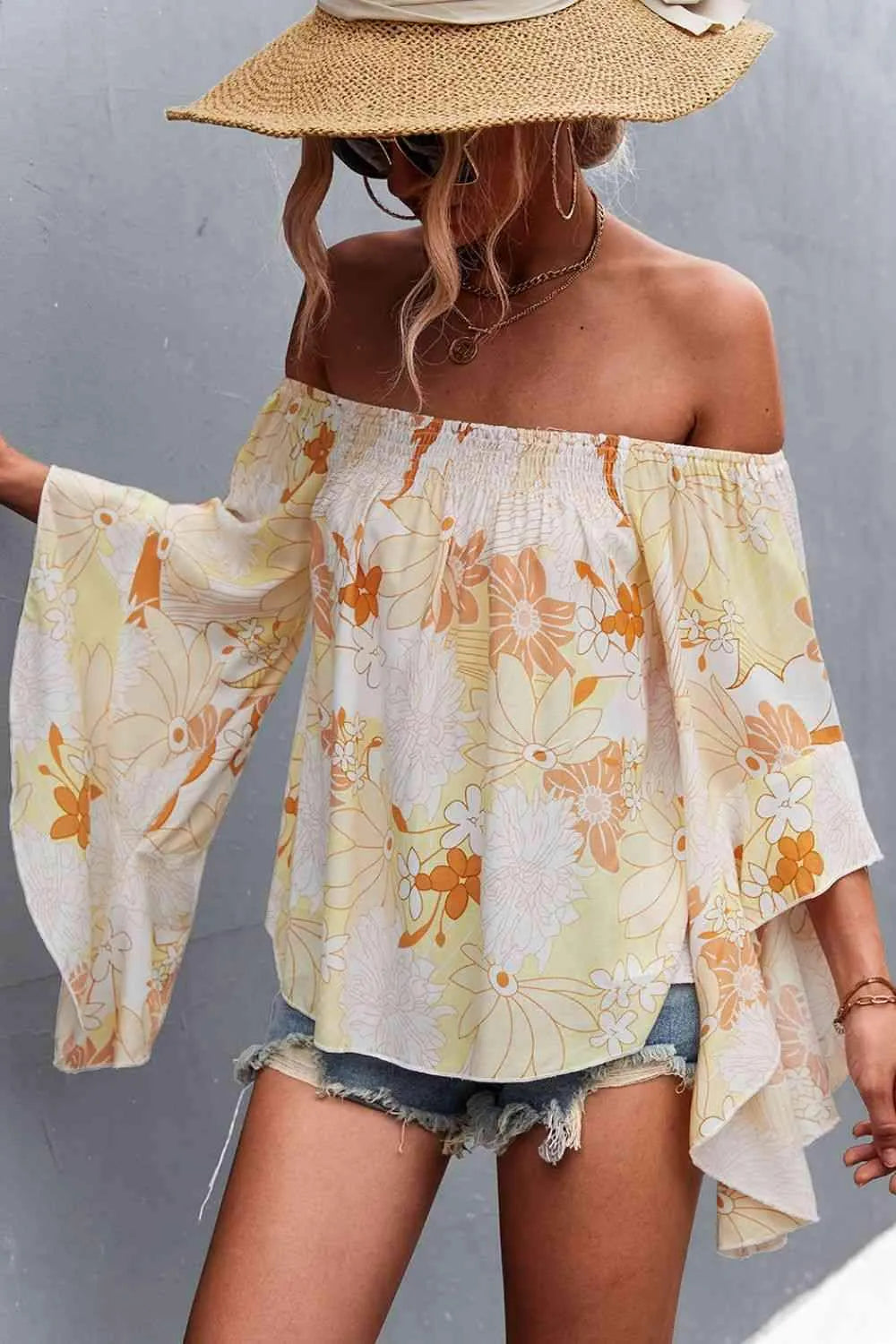 Floral Bell Sleeve Off-Shoulder Blouse Blouses - Tophatter Daily Deals