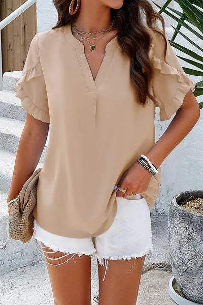 Notched Ruffled Petal Sleeve T-Shirt Women's T-Shirts - Tophatter Daily Deals
