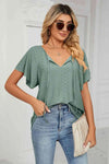 Eyelet Tie-Neck Flutter Sleeve Top Green Blouses - Tophatter Daily Deals