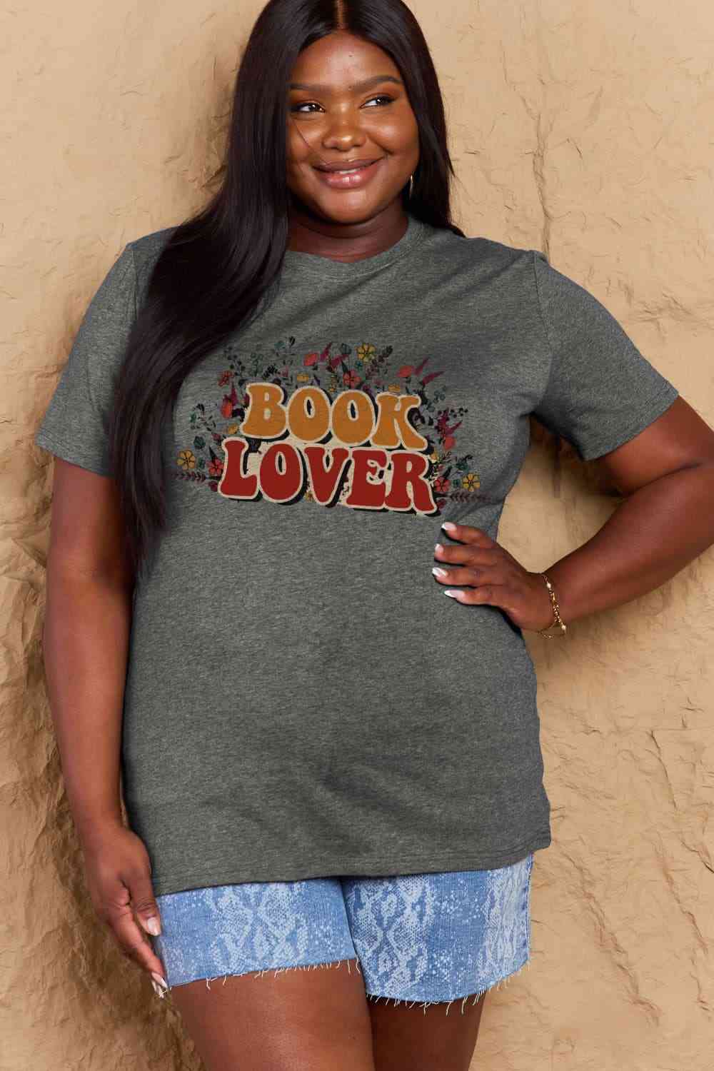 Simply Love Full Size BOOK LOVER Graphic Cotton Tee Charcoal Women's T-Shirts - Tophatter Daily Deals